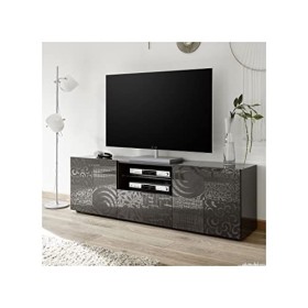 Tousmesmeubles Meuble TV 2 Portes 1 tiroir Laqué Gris Brillant + LEDs - Bari - L 181 x l 42 x H 57 cm - Neuf