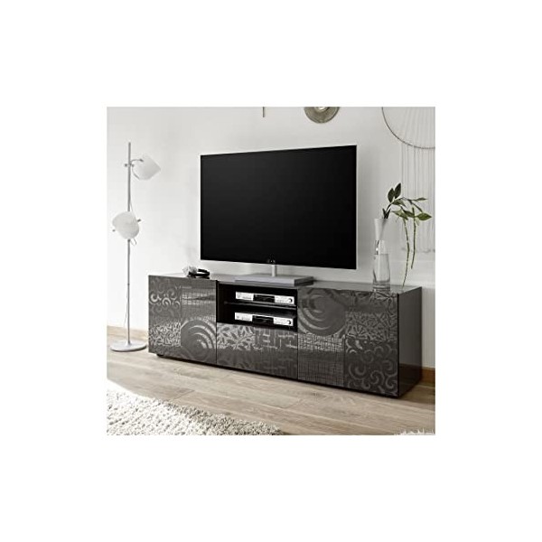 Tousmesmeubles Meuble TV 2 Portes 1 tiroir Laqué Gris Brillant + LEDs - Bari - L 181 x l 42 x H 57 cm - Neuf