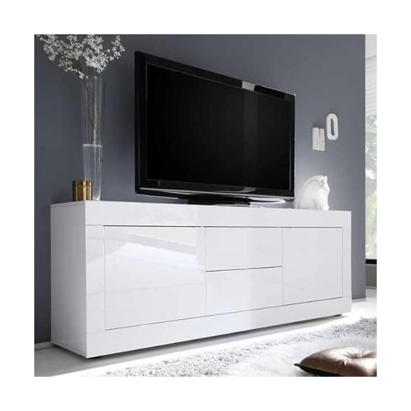 Meuble TV Moderne 2 Portes en Bois Blanc laqué Brillant - Milan - L 210 x l 43 x H 66 cm