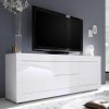 Meuble TV Moderne 2 Portes en Bois Blanc laqué Brillant - Milan - L 210 x l 43 x H 66 cm
