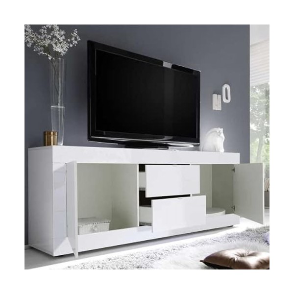 Meuble TV Moderne 2 Portes en Bois Blanc laqué Brillant - Milan - L 210 x l 43 x H 66 cm