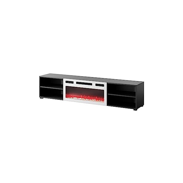 BB Loisir Meuble TV 180x39x33 cm Noir Mat ROLLI avec cheminée intégrée Blanche Meuble Hi-FI à susprendre ou á Poser
