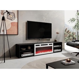 BB Loisir Meuble TV 180x39x33 cm Noir Mat ROLLI avec cheminée intégrée Blanche Meuble Hi-FI à susprendre ou á Poser