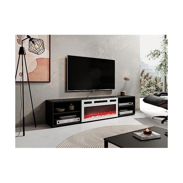 BB Loisir Meuble TV 180x39x33 cm Noir Mat ROLLI avec cheminée intégrée Blanche Meuble Hi-FI à susprendre ou á Poser