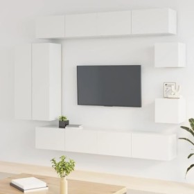 Gecheer Ensemble de Meubles TV 8 pièce Blanc Brillant Bois dingénierie Banc TV, Support de Télévision pour Salon, Chambre Me