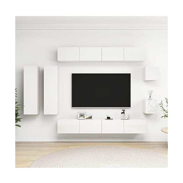 Gecheer Ensemble de Meuble TV 8 pièce Blanc Brillant Aggloméré Banc TV, Support de Télévision pour Salon, Chambre Meubles de 