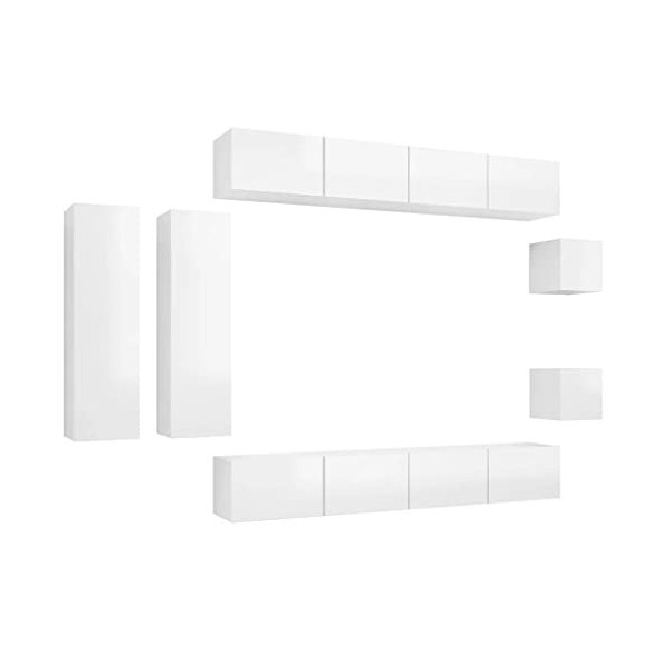 Gecheer Ensemble de Meuble TV 8 pièce Blanc Brillant Aggloméré Banc TV, Support de Télévision pour Salon, Chambre Meubles de 