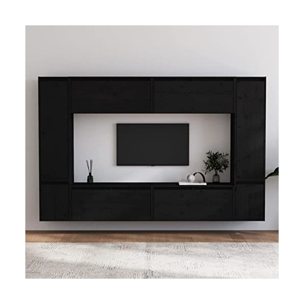 Gecheer Meubles TV 8 pièce Noir Bois Massif de pin Banc TV, Support de Télévision pour Salon, Chambre Meubles de Maison