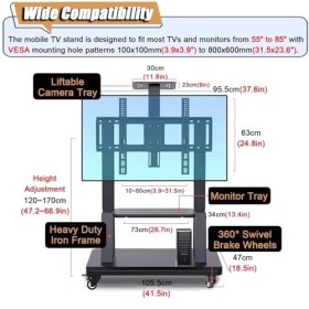 Support TV sur Pied Chariot TV Roulant Relevable, sur Pied Moderne Support TV Mobile avec 2 Étagères De Rangement, pour La Ma