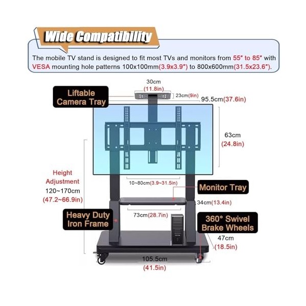Support TV sur Pied Chariot TV Roulant Relevable, sur Pied Moderne Support TV Mobile avec 2 Étagères De Rangement, pour La Ma
