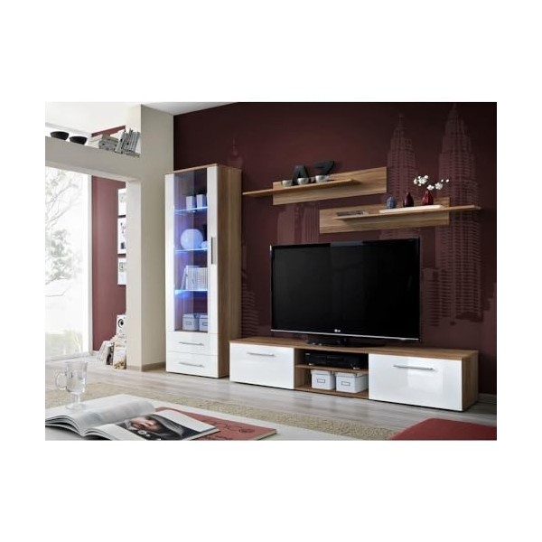 Meuble TV GALINO Design, Coloris Prunier et Blanc Brillant. Meuble Moderne et Tendance pour Votre Salon.