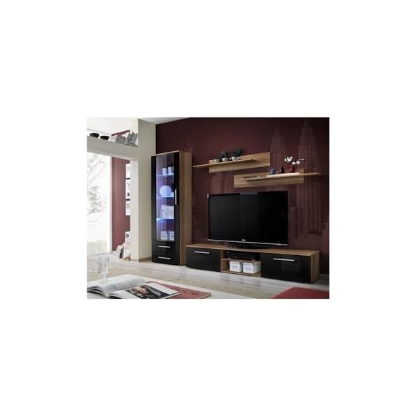 Meuble TV GALINO A Design, Coloris Prunier et Noir Brillant. Meuble Moderne et Tendance pour Votre Salon.