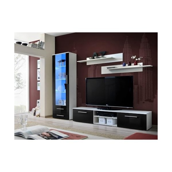 Meuble TV GALINO Design, Coloris Noir et Blanc Brillant. Meuble Moderne et Tendance pour Votre Salon.