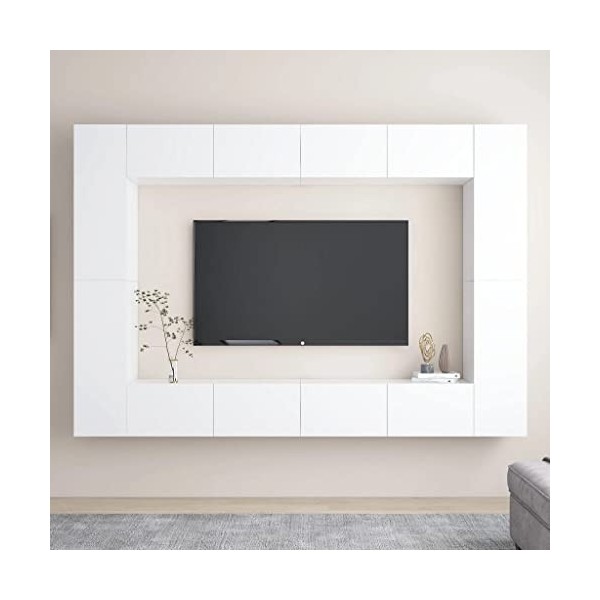 lvssiao Meuble TV pour salon avec 8 pièces en aggloméré Blanc très résistant Module TV pour chambre à coucher salon
