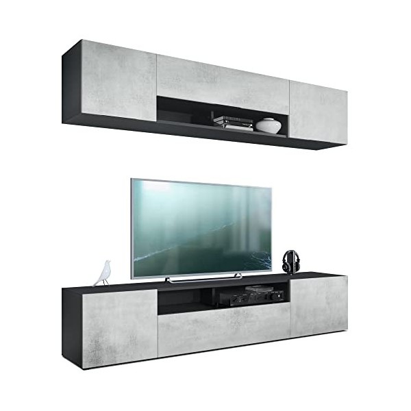 Vladon Meuble-paroi Mogan, Noir Mat/Aspect béton oxyde - Meuble Mural Moderne composé de 2 étagères TV 181 x 147 x 35 cm 