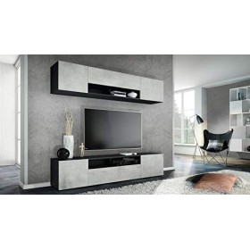 Vladon Meuble-paroi Mogan, Noir Mat/Aspect béton oxyde - Meuble Mural Moderne composé de 2 étagères TV 181 x 147 x 35 cm 