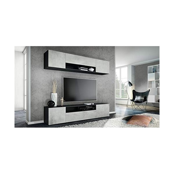 Vladon Meuble-paroi Mogan, Noir Mat/Aspect béton oxyde - Meuble Mural Moderne composé de 2 étagères TV 181 x 147 x 35 cm 