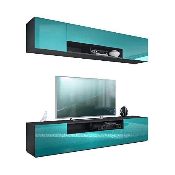 Vladon Meuble-paroi Mogan, Noir Mat/Turquoise Haute Brillance - Meuble Mural Moderne composé de 2 étagères TV 181 x 147 x 35