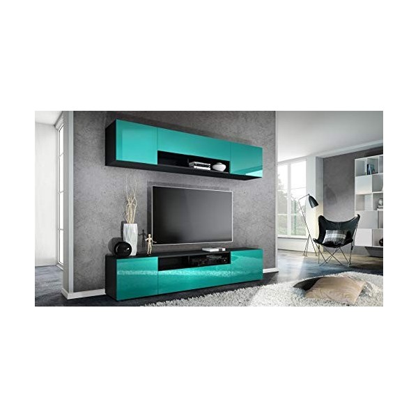 Vladon Meuble-paroi Mogan, Noir Mat/Turquoise Haute Brillance - Meuble Mural Moderne composé de 2 étagères TV 181 x 147 x 35