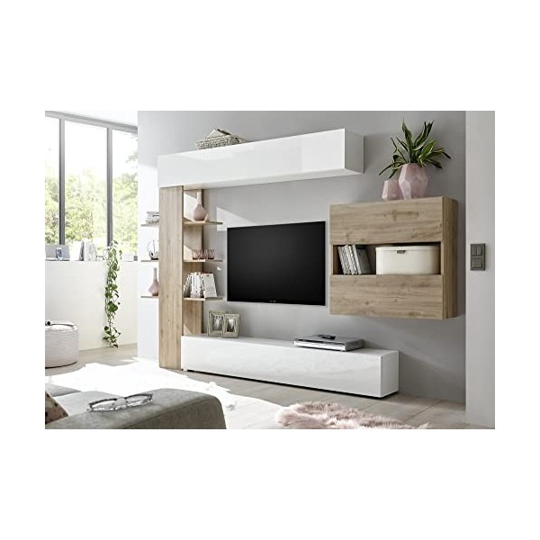 Dmora Paroi équipée pour séjour réversible, Made in Italy, Meuble TV Set Salon Moderne, 295 x 30 h 197 cm, Couleur Blanc Bril