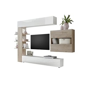Dmora Paroi équipée pour séjour réversible, Made in Italy, Meuble TV Set Salon Moderne, 295 x 30 h 197 cm, Couleur Blanc Bril