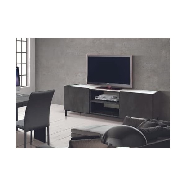 Mar.c.a. Design - Meuble TV pour salon en acier oxydé et plateau en marbre, meuble salon, 2 portes rembourrées et 2 étagères 