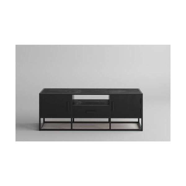 PRICE FACTORY just for you Meuble TV Collection MADEIRO Structure métal et Bois Exotique de Mangolia Noir. Idéal pour Un Salo