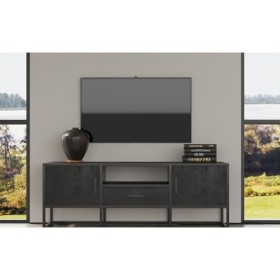 PRICE FACTORY just for you Meuble TV Collection MADEIRO Structure métal et Bois Exotique de Mangolia Noir. Idéal pour Un Salo