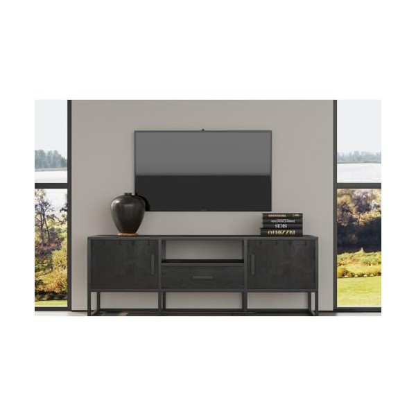 PRICE FACTORY just for you Meuble TV Collection MADEIRO Structure métal et Bois Exotique de Mangolia Noir. Idéal pour Un Salo