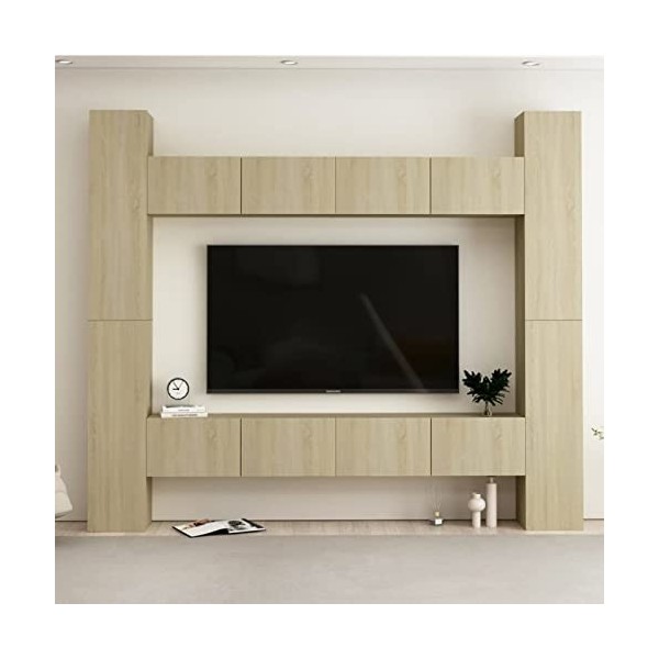 Tidyard Ensemble de Meubles TV Lot de 8 Chêne Sonoma Aggloméré, Banc TV avec Compartiments de Stockage, Montage Mural Support