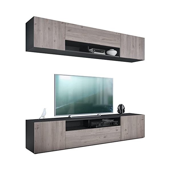 Vladon Meuble-paroi Mogan, Noir Mat/chêne Nordique - Meuble Mural Moderne composé de 2 étagères TV 181 x 147 x 35 cm 
