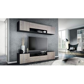 Vladon Meuble-paroi Mogan, Noir Mat/chêne Nordique - Meuble Mural Moderne composé de 2 étagères TV 181 x 147 x 35 cm 