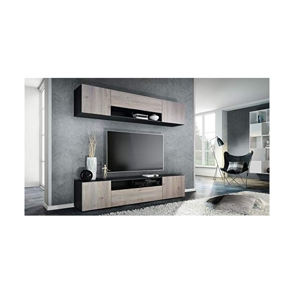 Vladon Meuble-paroi Mogan, Noir Mat/chêne Nordique - Meuble Mural Moderne composé de 2 étagères TV 181 x 147 x 35 cm 
