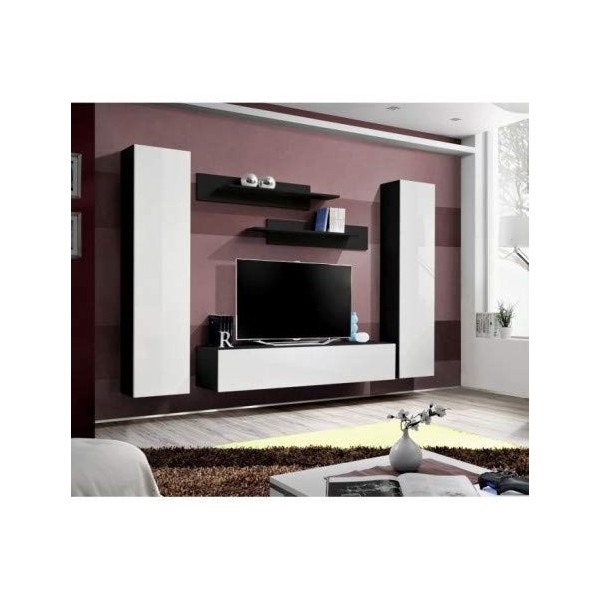 Meuble TV Fly A1 Design, Coloris Noir et Blanc Brillant. Meuble Suspendu Moderne et Tendance pour Votre Salon.