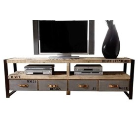 Meuble TV 196x40cm - Bois Massif de manguier Brut - Fer et Bois imprimé - Factory 130