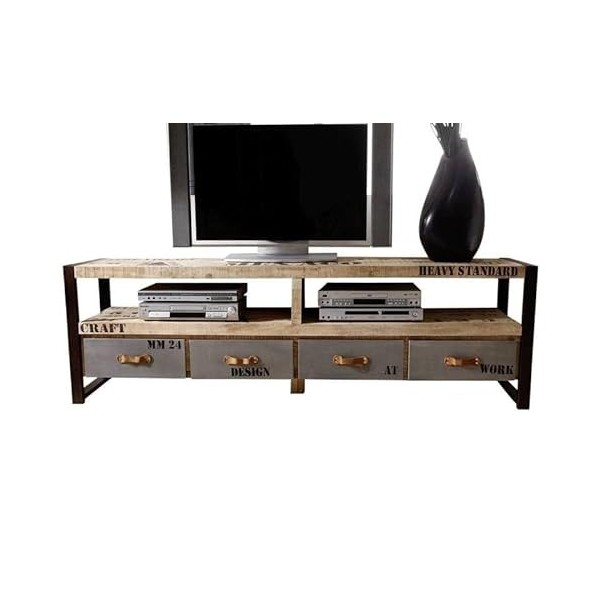 Meuble TV 196x40cm - Bois Massif de manguier Brut - Fer et Bois imprimé - Factory 130