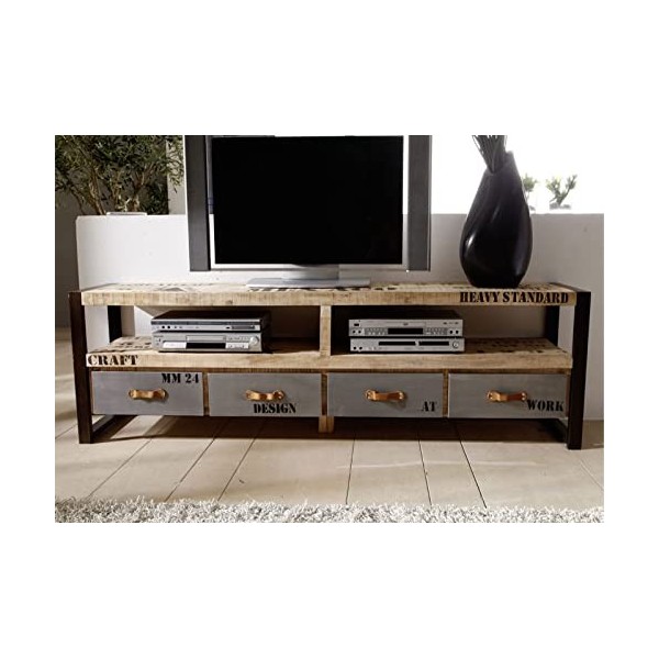Meuble TV 196x40cm - Bois Massif de manguier Brut - Fer et Bois imprimé - Factory 130