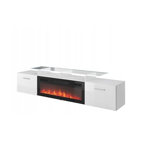 Meuble TV Blanc Brillant 190x49x37cm avec Cheminée chauffante intégrée ROXA à Poser