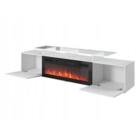 Meuble TV Blanc Brillant 190x49x37cm avec Cheminée chauffante intégrée ROXA à Poser