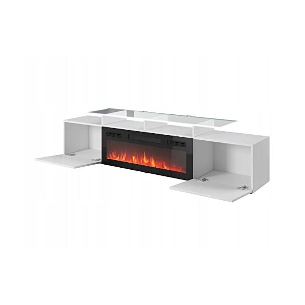 Meuble TV Blanc Brillant 190x49x37cm avec Cheminée chauffante intégrée ROXA à Poser