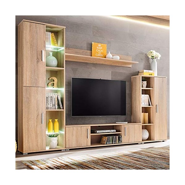 Tidyard Unité Murale TV/Meuble TV Mural en Chêne Sonoma avec Eclairage LED Blanc Style Naturel