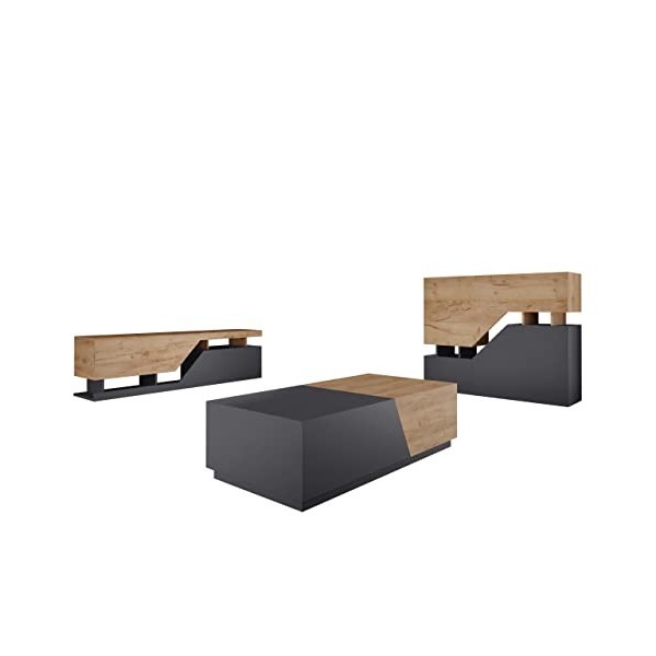 Ensemble de Meubles de Salon NESEZI - Commode, Table Basse et Meuble TV Couleur Gris et Bois.