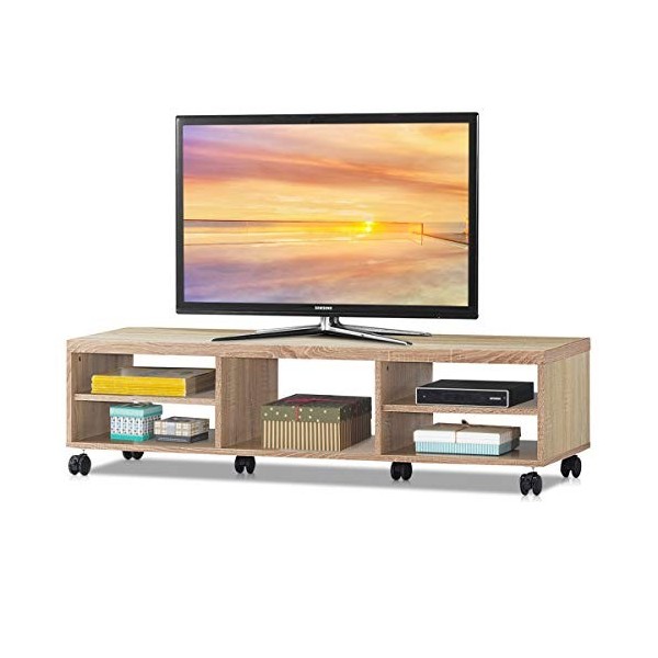 COSTWAY Meuble TV Moderne Mobiles avec 6 Roues pour TV 50" au Max, Banc TV 5 Etagères Ouverts Surface Anti-Rayures 150x32x40c