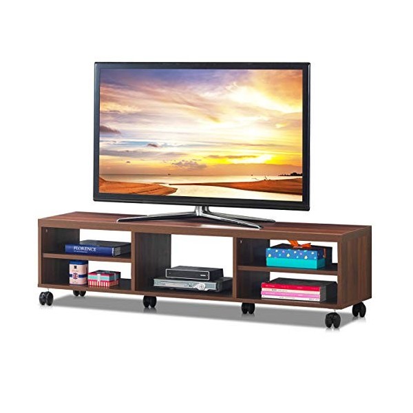 COSTWAY Meuble TV Moderne Mobiles avec 6 Roues pour TV 50" au Max, Banc TV 5 Etagères Ouverts Surface Anti-Rayures 150x32x40c