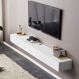 Meuble TV Mural Blanc Meuble TV Flottant avec 2 tiroirs -55,1 Pouces Centre de Divertissement Mural en Bois Massif pour écran