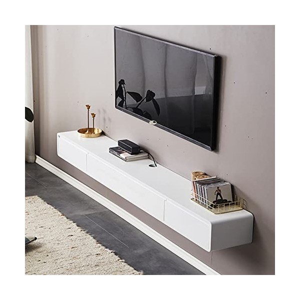 Meuble TV Mural Blanc Meuble TV Flottant avec 2 tiroirs -55,1 Pouces Centre de Divertissement Mural en Bois Massif pour écran