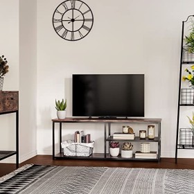HOMCOM Meuble TV Design Industriel dim. 120L x 40l x 45H cm Grand Plateau 2 étagères Panneaux Particules Coloris boisé métal 