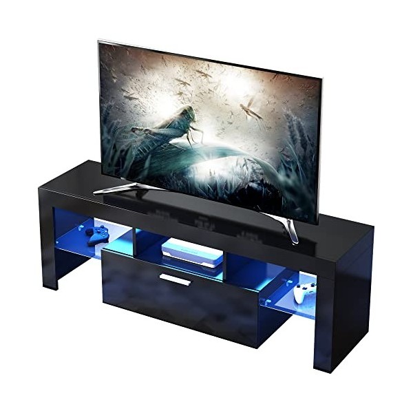 SANYOAC Meuble TV blanc pour meuble TV 55/60 pouces, centre de divertissement moderne pour jeux vidéo, meuble TV LED avec ran