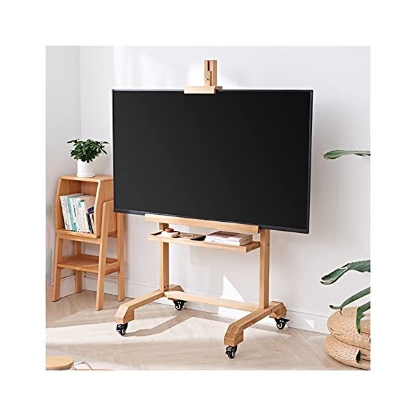 HYDT Support TV Meuble TV Chevalet de Support de Télévision Au Sol en Bois, Chariot de Télévision Mobile Robuste avec Étagère