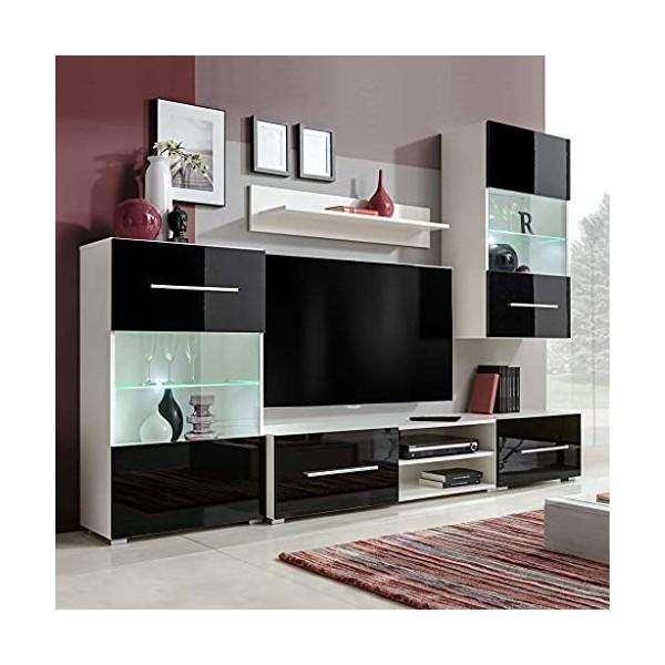 Keyur Meuble TV, Banc TV Buffet Bas Support de Télévision Meuble Télé Meuble TV Mural 5 pièces avec éclairage LED Noir